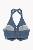 Kadın Açık Mavi Düğmeli Bağlamalı Crop Jean Büstiyer - 3