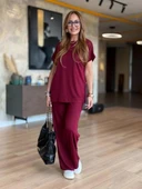 Kadın Kısa Kollu Bisiklet Yaka Viskon Iki Iplik Bluz Ve Pantolon Ikili Takım thumbnail 2