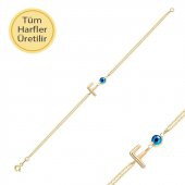 14k Altın Nazar Boncuklu F Harfli Bileklik thumbnail 1