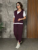 Kadın Kısa Kollu V Yakalı Kapşonlu Viskon Iki Iplik Bluz Ve Pantolon Takım - 1