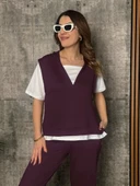 Kadın Kısa Kollu V Yakalı Kapşonlu Viskon Iki Iplik Bluz Ve Pantolon Takım - 3