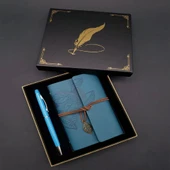 Metal Kalem Ve Mavi Deri Defter - 1