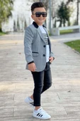 Erkek Çocuk Yazı Baskılı Tişört Cep Detaylı Kareli Blazer Ceket Siyah Jean Pantolon Alt Üst Takım - 2