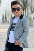 Erkek Çocuk Yazı Baskılı Tişört Cep Detaylı Kareli Blazer Ceket Siyah Jean Pantolon Alt Üst Takım - 4
