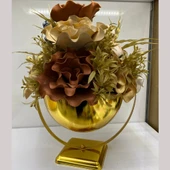 Mucit Home  Yapay Çiçek Aranjmalı Yapay Çiçekli Gold Metal  Yuvarlak Vazo Saksı Vazo Salıncak no/10 - 1