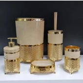 Mucit Home  Gold Krem Mermer Desenli, 5 Parça Akrilik Ferforje Banyo Seti - 2