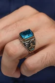 Kare Aqua Mavi Taşlı Kral Motifli 925 Gümüş Erkek Yüzük thumbnail 1