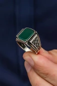 Yeşil Akik Taşlı 925 Gümüş Erkek Yüzük thumbnail 3