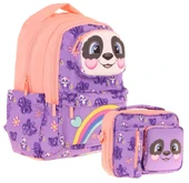 Kaukko Kız Çocuk 3D Panda Şekilli Mor Somon Okul Sırt Çantası ve Isı Yalıtımlı Beslenme Çantası Seti thumbnail 1
