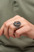 Siyah Taşlı Çiçek Motifli 925 Erkek Gümüş Yüzük thumbnail 5
