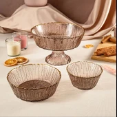 Fecra Rita 3'lü Cam Kase Seti Kahve Altın Fileli - 3