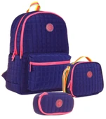 Kaukko Quilted Lacivert Pembe Kapitone Üçlü Okul Çantası Seti - Kız Çocuk thumbnail 1