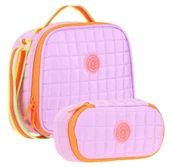 Kaukko Kapitone Okul Termoslu Beslenme Çantası ve Organizer Kalemlik Seti - Kız Çocuk - Mor Turuncu thumbnail 1