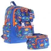 Kaukko L5278+L7278 Erkek Çocuk İkili Okul Çantası ve Beslenme Çantası Seti - Mavi - Armalı Dinazor Desenli thumbnail 1