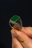 Yeşil Akik Taşlı 925 Erkek Gümüş Yüzük thumbnail 5