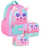 Kaukko Kids Kız Çocuk Üçlü İlkokul 1.2.3.4. Sınıf Okul Çanta Seti - Sevimli Kedi Şekilli - Pembe Yeşil thumbnail 1