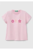 Kız Çocuk Pembe Simli Benetton Logo Baskılı T-Shirt - 1