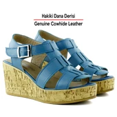 Erkan Saçmacı Xena Mavi Hakiki Dana Derisi Mantar Taban Görünümlü Dolgu Topuklu Gladyatör Sandalet - 3
