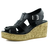 Erkan Saçmacı Xena Siyah Hakiki Dana Derisi Mantar Taban Görünümlü Dolgu Topuklu Gladyatör Sandalet - 1