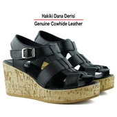 Erkan Saçmacı Xena Siyah Hakiki Dana Derisi Mantar Taban Görünümlü Dolgu Topuklu Gladyatör Sandalet - 3