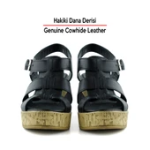 Erkan Saçmacı Xena Siyah Hakiki Dana Derisi Mantar Taban Görünümlü Dolgu Topuklu Gladyatör Sandalet - 4