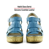 Erkan Saçmacı Xena Mavi Hakiki Dana Derisi Mantar Taban Görünümlü Dolgu Topuklu Gladyatör Sandalet - 4