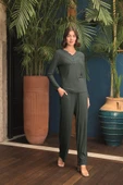 Uzun Kollu Önü Düğmeli V Yaka Pijama Takımı - 4