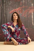 Çiçek ve Yaprak Desenli Önü Düğmeli Pijama Takımı - 6