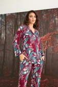 Çiçek ve Yaprak Desenli Önü Düğmeli Pijama Takımı - 4