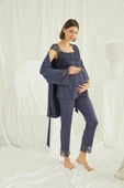 Dantelli Önü Düğmeli Hamile Lohusa 3'lü Pijama Takımı - 4