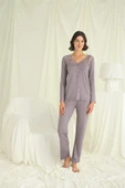 Yakası Kolu ve Omzu Dantelli Boydan Düğmeli Pijama Takımı - 5