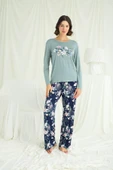Çiçek ve Yaprak Desenli Baskılı Pijama Takımı - 4