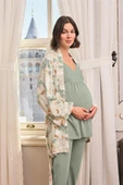 Çiçek ve Yaprak Desenli Dantelli Hamile Lohusa 3'lü Pijama Takımı - 1