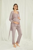 Dantelli Önü Düğmeli Hamile Lohusa 3'lü Pijama Takımı - 1