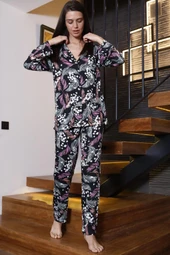 Çiçek ve Yaprak Desenli Düğmeli Gömlek Yakalı Saten Pijama Takımı thumbnail 5