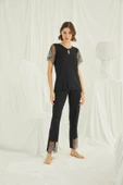 Yakası Detaylı Brode Dantelli Pijama Takımı - 2