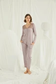 Yakası Kolu ve Omzu Dantelli Boydan Düğmeli Pijama Takımı - 2