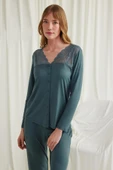 Yakası Omzu ve Paçası Dantelli Boydan Düğmeli Pijama Takımı - 6