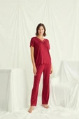 Kısa Kollu V Yakalı Dantelli Pijama Takımı - 5