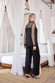 Dantelli ve Tüllü Uzun Kollu Önü Düğmeli Saten Pijama Takımı - 5