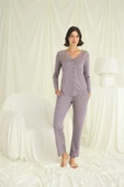 Yakası Kolu ve Omzu Dantelli Boydan Düğmeli Pijama Takımı - 1