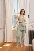 Çiçek ve Yaprak Desenli Dantelli Hamile Lohusa 3'lü Pijama Takımı - 4