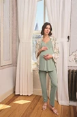 Çiçek ve Yaprak Desenli Dantelli Hamile Lohusa 3'lü Pijama Takımı - 2