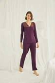 Yakası Omzu ve Paçası Dantelli Boydan Düğmeli Pijama Takımı - 4