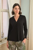 Çiçek Yaprak ve Etnik Desenli Uzun Kollu Pijama Takımı - 4