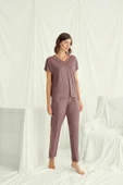 Kısa Kollu V Yakalı Dantelli Pijama Takımı - 2