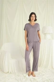 Kısa Kollu V Yakalı Dantelli Pijama Takımı - 1