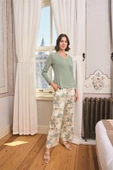 Çiçek ve Yaprak Desenli Önü Düğmeli Pijama Takımı - 5