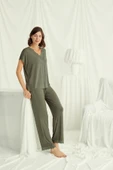 Kısa Kollu V Yakalı Dantelli Pijama Takımı - 5
