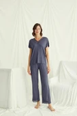 Kısa Kollu V Yakalı Dantelli Pijama Takımı - 1